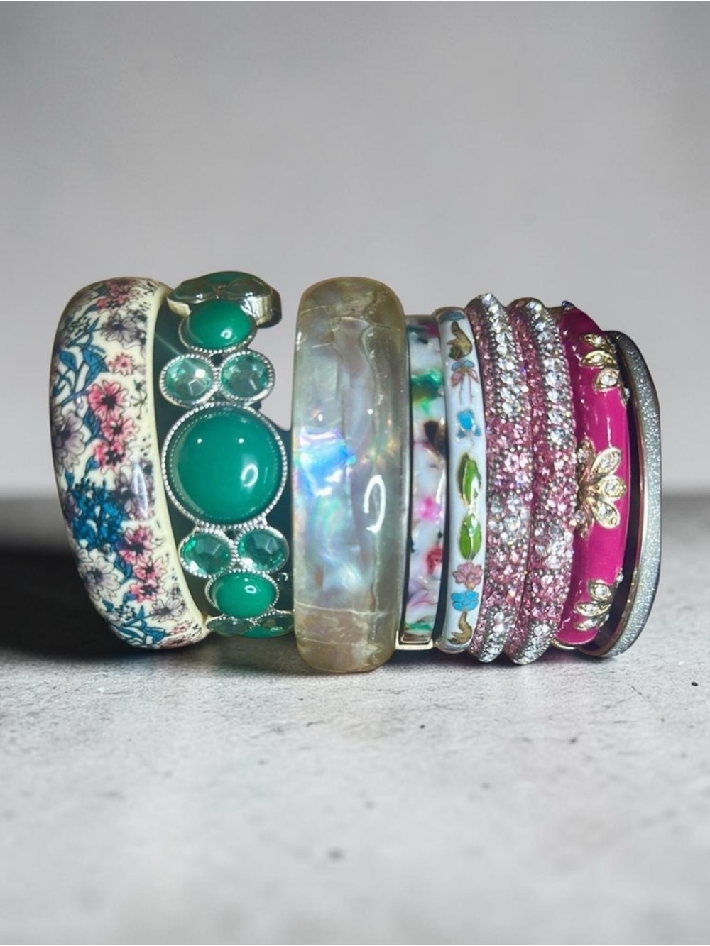 Signature Faith Chic Floral Cloisonne Bangle Bracelet Stack Set Boho Pink Green - Picture 2 of 9